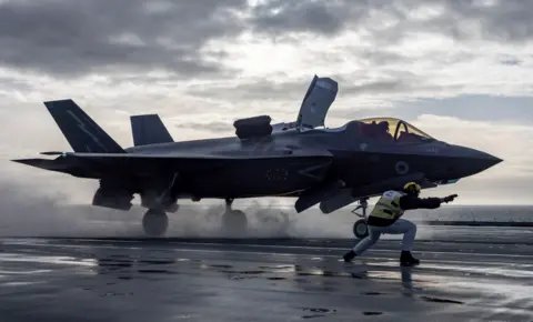 F-35B Lightning jet on the flight deck of the Royal Navy aircraft carrier HMS Prince of Wales