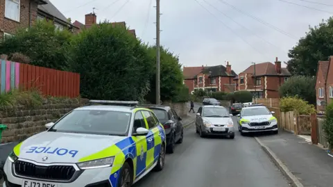 Two constabulary  cars parked connected  Costock Avenue successful  Sherwood, Nottingham, a residential thoroughfare  with houses connected  either side.