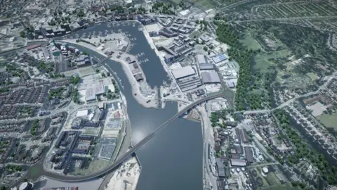 Suffolk County Council An aerial image showing the road bridge over the River Orwell in Ipswich's docks. It connects the west bank/Wherstead Road with the east bank just to the south of the lock to the wet dock. A footbridge was also to have been created between Felaw Maltings/The Steamboat pub, and the island site.