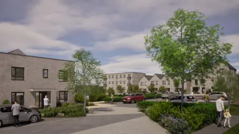 Artist's impression of an area of housing on the new Clasper Village development. To the right is a small two-storey building with a grey car parked outside. Other property types can be seen in the distance including a four-storey block of flats.