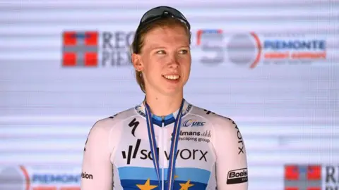 Dutch cyclist Lorena Wiebes after winning stage five of the Women's Giro d'Italia