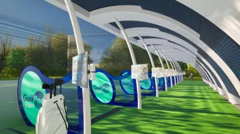 Weller Designs Limited/Basildon Sporting Village There are 10 rows of individual pods where people will stand to practice playing golf. A curved shelter sits over the pods, that is grey and white. The plans show the driving range is expected to be built on green grass. 