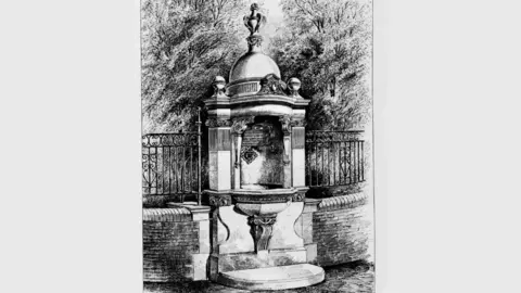 OPT A black and white drawing of the original fountain when it was first built.