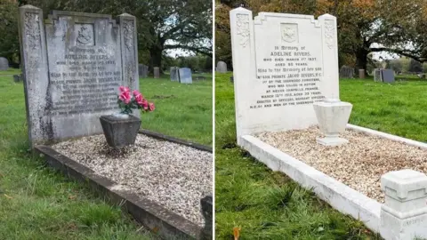 Friends of Nottingham Road Cemetery Two images of the same grave. Left, the headstone, gravel and vase is very grey and dirty with a bunch of pink flowers resting in the vase. Right, the grave is clean and bright. There are trees and other darker graves in the background. The headstone is engraved with flowers, a cross and words. Those words read. "In memory of Adeline Rivers who died March 1st 1937 aged 80 years. Also to the memory of her son, No. 6016 Private Jacob Rivers, V.C. 1st Bt The Sherwood Foresters, who was killed in action at Neuve Chapelle, France, March 12th 1915, aged 33 years. Erected by officers, warrant officers, N.C.O. and men of the Sherwood Foresters." 