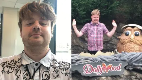 Supplied A composite image. On the left, James Barker has short brown hair and stubble. He is wearing a white shirt with a black, swirling design on it. On the right, a young James Barker stands behind a Dollywood sign. He is wearing a red checked shirt, with a smile on his face and has his arms raised. There are two large figures beside him, that look like birds hatching out of an egg.