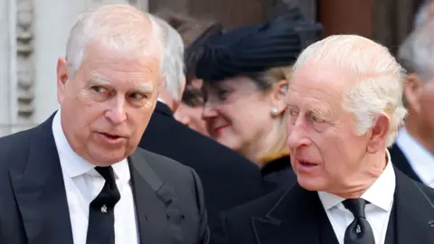 Andrew Mountbatten-Windsor and King Charles III attend Katharine, Duchess of Kent's Requiem Mass service at Westminster Cathedral on September 16, 2025 in London, England. 