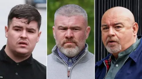 PA Media Shows three men in separate photos side by side. The one on the left has dark hair and is wearing a black polo shirt. The one in the middle has grey hair and a grey beard. He is wearing a grey zip-up top with a blue and white checked shirt. The man on the right is bald and has a grey beard. He is wearing a blue Harrington back with a green granda shirt. 