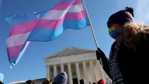 A protester supporting transgender rights outside the US Supreme Court