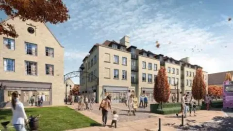 SKDC/Commercial Estates Group An illustrated image of a building square with people walking. The buildings are modern with shops on the ground floor. There are trees with orange-coloured leaves and grass areas in front of the building. A black metal archway is connecting two buildings.