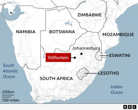 Peta yang menunjukkan lokasi Stilfontein di Afrika Selatan serta negara tetangga.