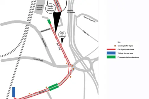 Coventry City Council Map showing the second demonstrator tram track due to be installed in the city between Coventry University Technology Park and Coventry Railway Station.