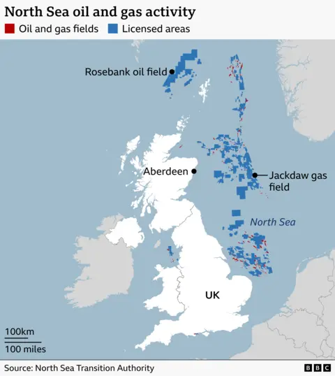 A map showing North Sea oil and gas activity, with oil and gas fields highlighted in red and licenced areas highlighted in blue. The Rosebank oil field and the Jackdaw gas field are also identified. The source is the North Sea Transition Authority.