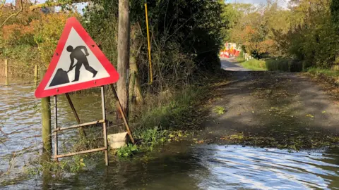 An image of flooding, a partially submerged road, a roadworks sign and greenery.