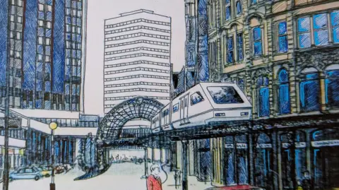 Adrian Spawforth Archive drawing showing a white train travelling along an elevated railway through Leeds city centre.