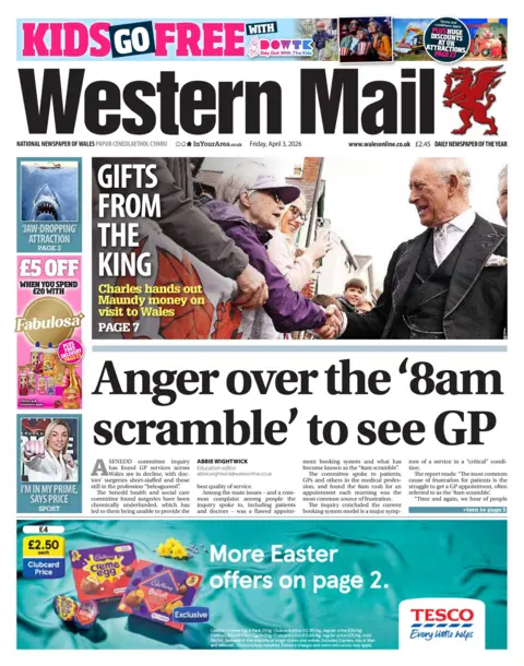 Western Mail Front page of Western Mail on 3 April 2026 with photo of King Charles shaking hands with members of the public above main story with headline "Anger over the 8am scramble to see GP"