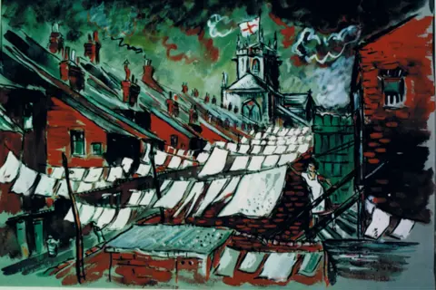 Marshall Forster Atkinson A painting of rows of red-bricked houses with lines of washing hung between them. A woman in the corner is reaching up to a piece of fabric. There are swirling patterns in the sky, depicting smoke. In the background, a church has a St George's flag on it.
