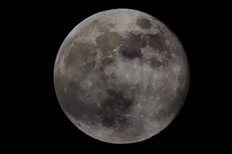 John Bogie A close-up picture of a silvery moon with dark patches on a pitch black background