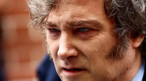 A close-up shot of Javier Milei's face taken on 27 January, 2025.