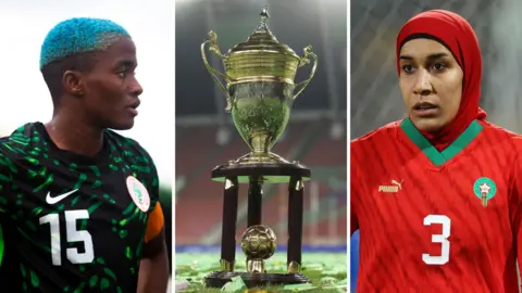 A triptych showing Rasheedat Ajibade in dark green Nigeria kit, the Women's Africa Cup of Nations trophy and Morocco defender Nouhaila Benzina in red kit and headscarf