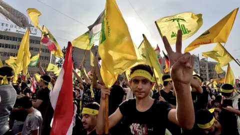 Goktay Koraltan, BBC The crowd cheering Nasrallah's speech