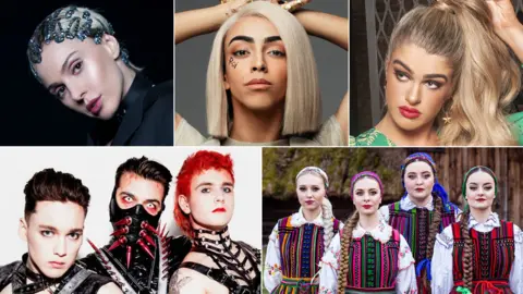 Eurovision.tv Clockwise from top left: Tamta, Bilal Hassani, Sarah McTernan, Tulia, Hatari