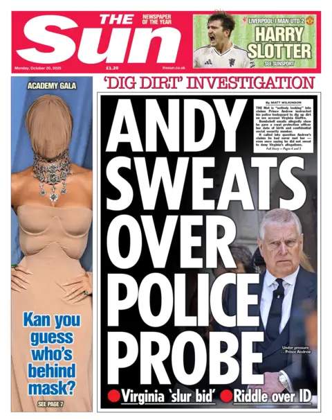 The headline on the front page of the Sun reads: "Andy sweats over police probe"