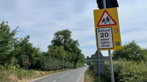 A warning sign, in yellow, featuring a warning triangle depicting two children crossing the road, and a segment stating: "school 20 when lights show". One of the two lights, which alternately flash, is illuminated.