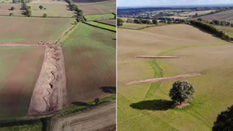 Composite image of two aerial shots of a farmer's fields, with one showing a stream which has bends reintroduced and another where earth banks cross the slope