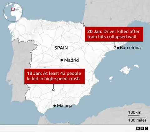 Map of Spain showing two rail accidents