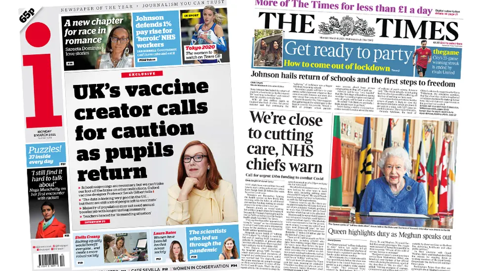 The i and the times front pages 8 March 2021
