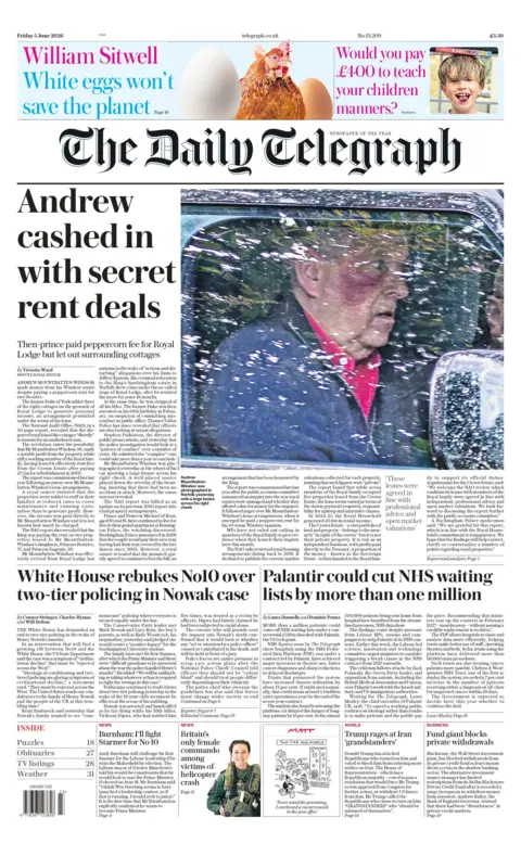 BBC "Andrew cashed in with secret rent deals," reads the headline on the front page of the Daily Telegraph. 