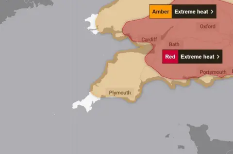 Met Office A Met Office map showing areas effected by high heat. 