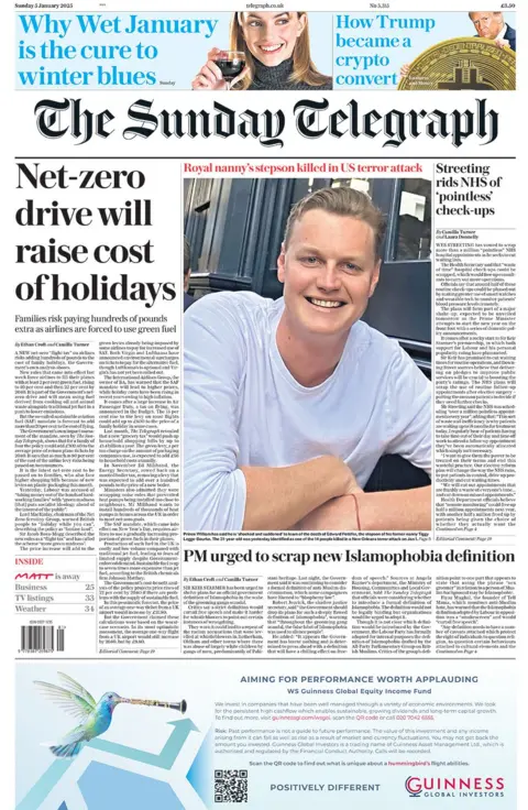 The headline in the Sunday Telegraph reads: "Net-zero drive will raise cost of holidays"