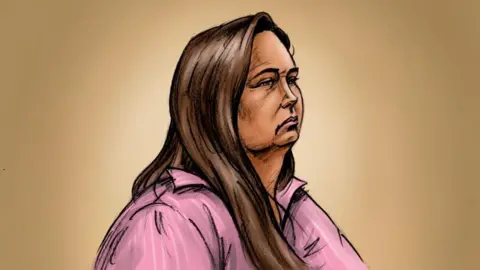 Artist's sketch of Erin Patterson in court. She has long brown hair and is wearing a pink collared shirt