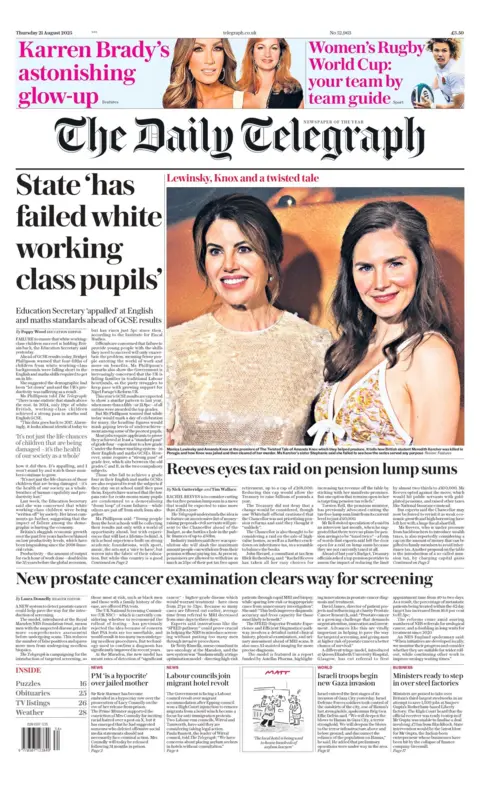 "State 'has failed working class pupils'," reads the headline on the front page of The Daily Telegraph.