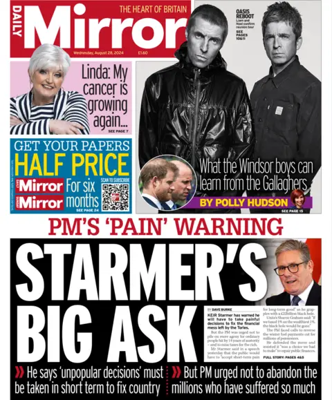 The main headline on the front page of the Daily Mirror reads: "Starmer's big ask..." "PM's 'pain' warning"