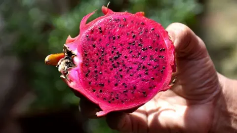 Getty Images A dragon fruit cut in half showing the red flesh with black seeds.