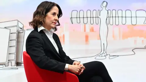 Work and Pensions Secretary Liz Kendall sits in a red chair as she waits to be interviewed on current affairs programme, Sunday with Laura Kuenssberg.