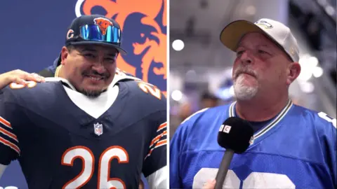Two NFL fans are seen in the NFL fan experience.