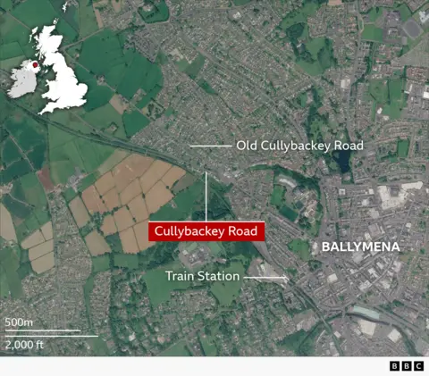 BBC/Google A Google Earth map showing Ballymena and the location of Cullybackey Road.