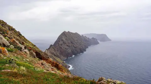 Bugio Islands in the Atlantic Ocean. Large rock cliff are seen in dark blue sea with a larger green part of the island in the foreground