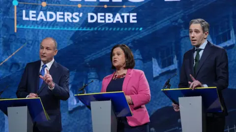 Tanaiste and Fianna Fail Leader Micheal Martin, Sinn Fein leader Mary Lou McDonald and Taoiseach and Fine Gael leader Simon Harris during debate.  