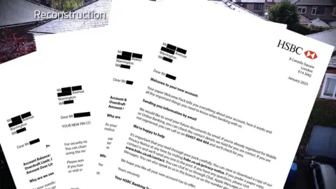 Four letters from HSBC showing bank accounts had been opened. The letters say 'Welcome to your new account'.