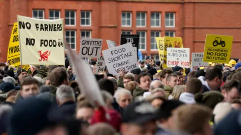 PA Protesting farmers gathered outside the Senedd in February 2024.