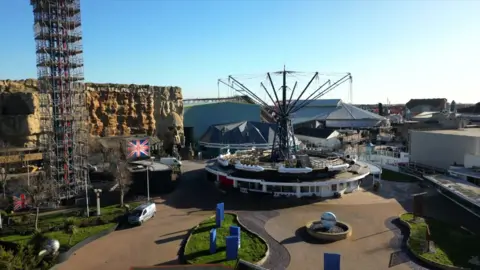 A wide shot of a section of the Pleasure Beach Resort theme park.