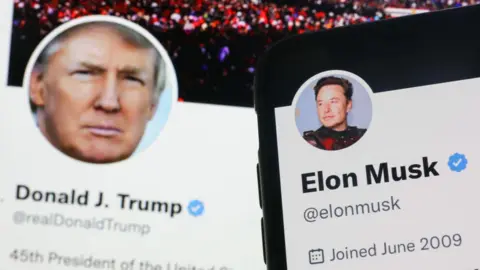 NurPhoto via Getty Images Donald Trump Twitter account displayed on a laptop screen and Elon Musk Twitter account displayed on a phone screen feature in this illustration photo