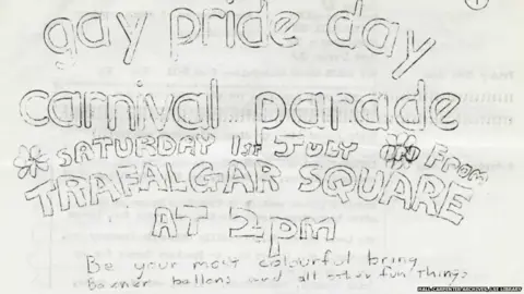 Hall-Carpenter Archives, LSE Library A hand-drawn leaflet advertising the UK's first ever pride march