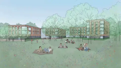 Maber A computer generated image of some building, trees and people sat on picnic blankets