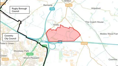 Rugby Borough Council The proposed site on a map. The site is shown in red and above it is the word 'Ansty'. It is next to the M6 and other place names are around it. 