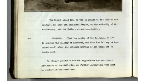 Library of Birmingham Minute 268 from 10 June 1914 relating to the slashing of ‘Master Thornhill’ by suffragette Bertha Ryland